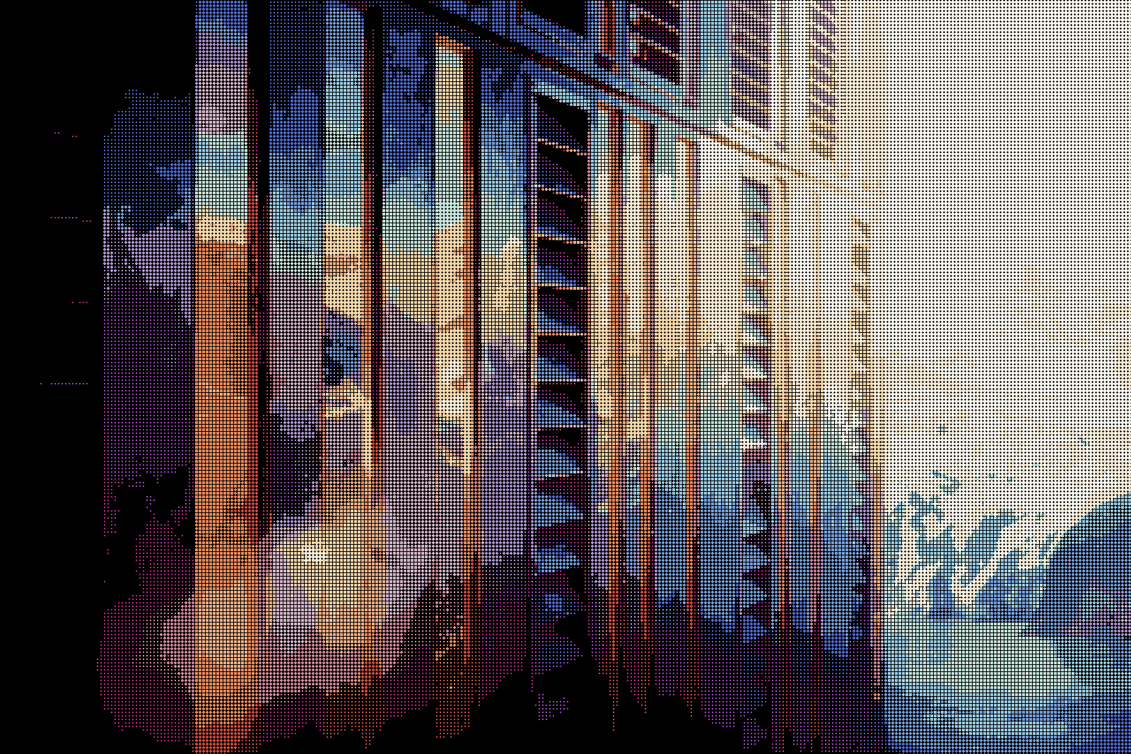 A halftone view up a city street between glass towers at sunset.