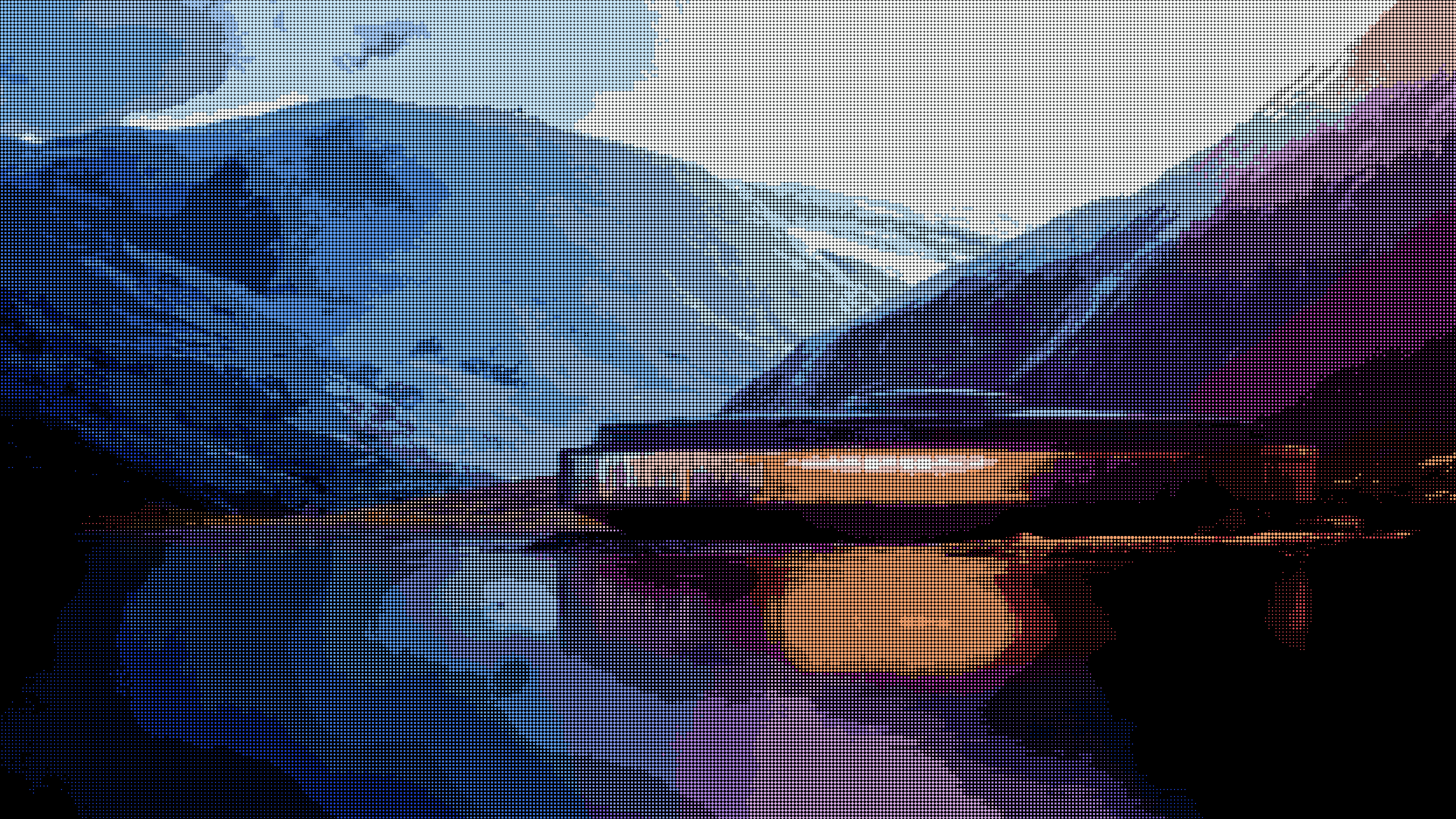 A halftone view across a fjord at dusk: blue mountains above a low, warm-lit facility mirrored in still water.